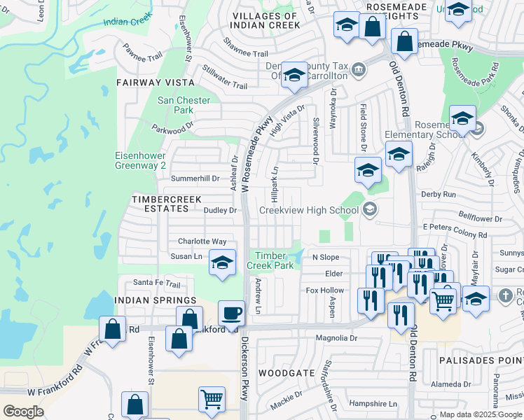 map of restaurants, bars, coffee shops, grocery stores, and more near 3303 Willow Ridge Circle in Carrollton
