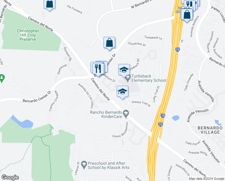 map of restaurants, bars, coffee shops, grocery stores, and more near 15367 Maturin Drive in San Diego