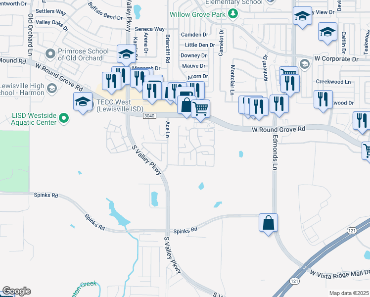 map of restaurants, bars, coffee shops, grocery stores, and more near 940 West Round Grove Road in Lewisville