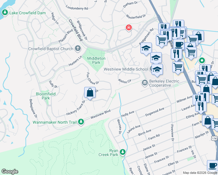 map of restaurants, bars, coffee shops, grocery stores, and more near 156 Fox Chase Drive in Goose Creek