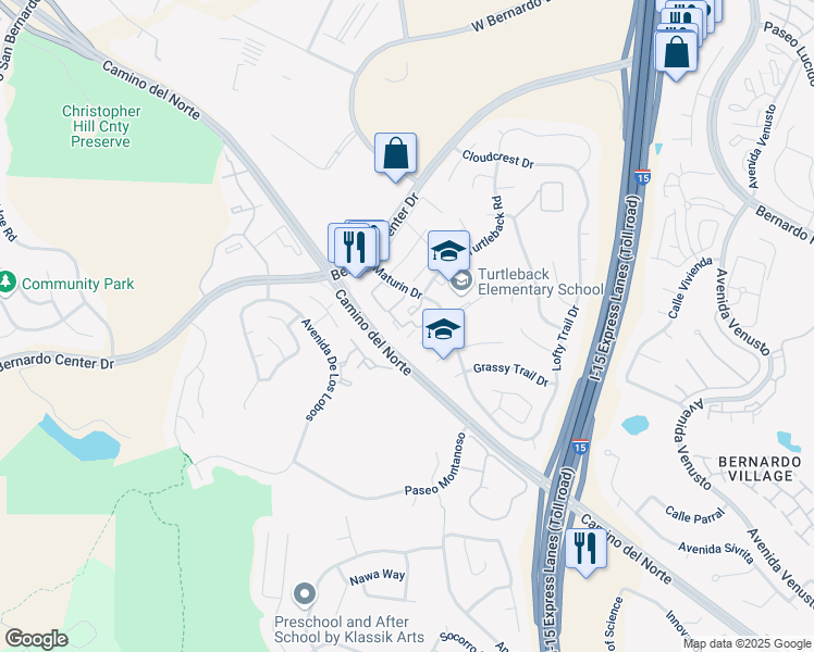 map of restaurants, bars, coffee shops, grocery stores, and more near 15367 Maturin Drive in San Diego