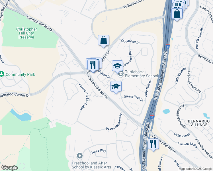 map of restaurants, bars, coffee shops, grocery stores, and more near 15387 Maturin Drive in San Diego