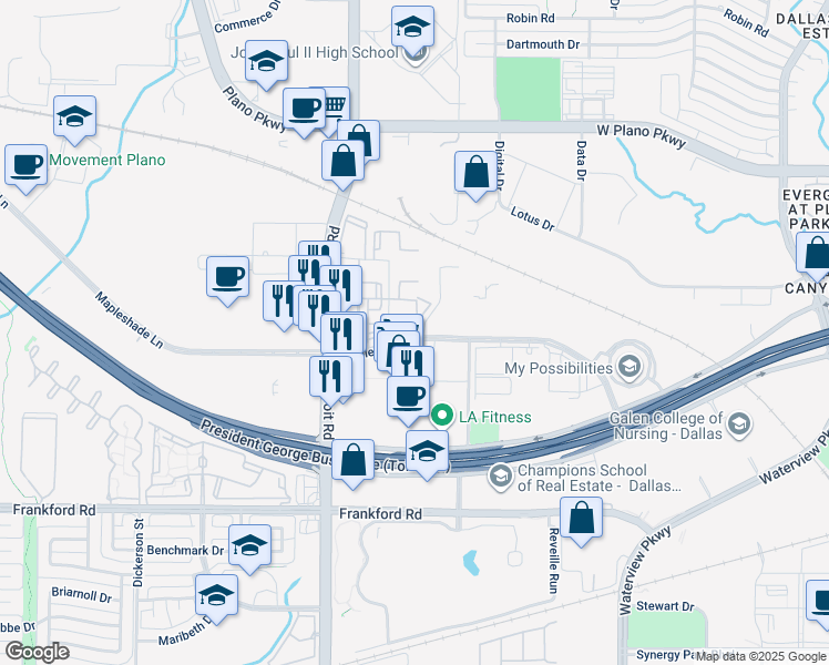 map of restaurants, bars, coffee shops, grocery stores, and more near 3825 Mapleshade Lane in Plano