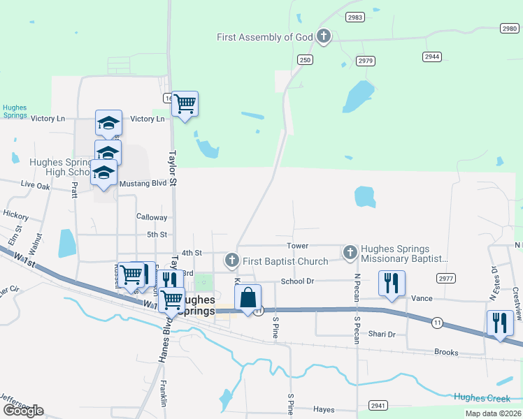 map of restaurants, bars, coffee shops, grocery stores, and more near 500 Keasler in Hughes Springs