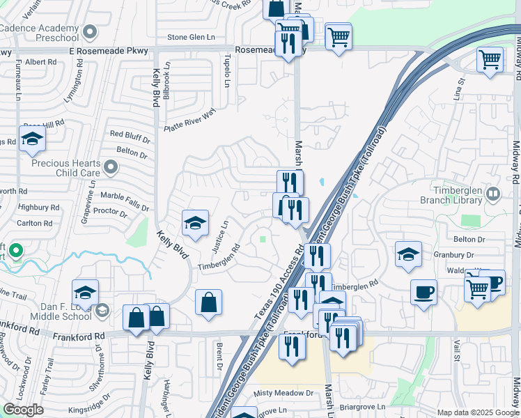 map of restaurants, bars, coffee shops, grocery stores, and more near 3565 Timberglen Road in Dallas