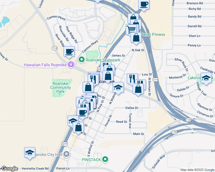 map of restaurants, bars, coffee shops, grocery stores, and more near 207 Houston Street in Roanoke