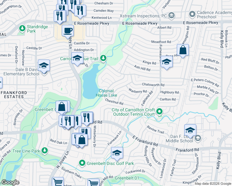 map of restaurants, bars, coffee shops, grocery stores, and more near 3107 Barton Road in Carrollton