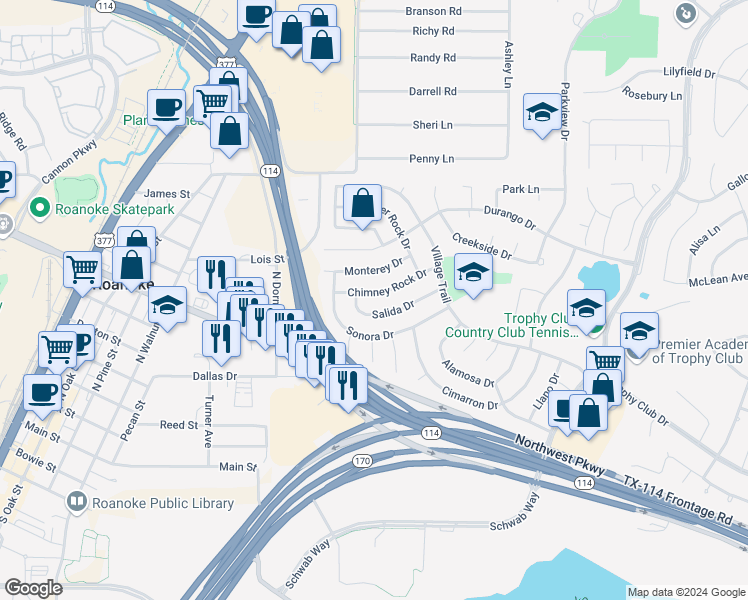 map of restaurants, bars, coffee shops, grocery stores, and more near 25 Chimney Rock Drive in Trophy Club