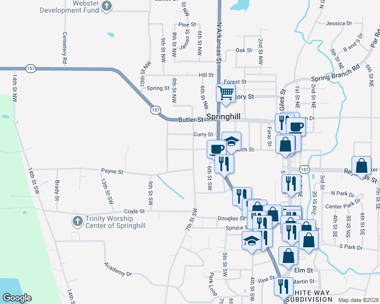 map of restaurants, bars, coffee shops, grocery stores, and more near 705 West Church Street in Springhill