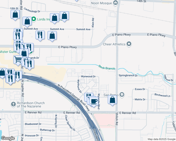 map of restaurants, bars, coffee shops, grocery stores, and more near 3401 Wynwood Drive in Plano