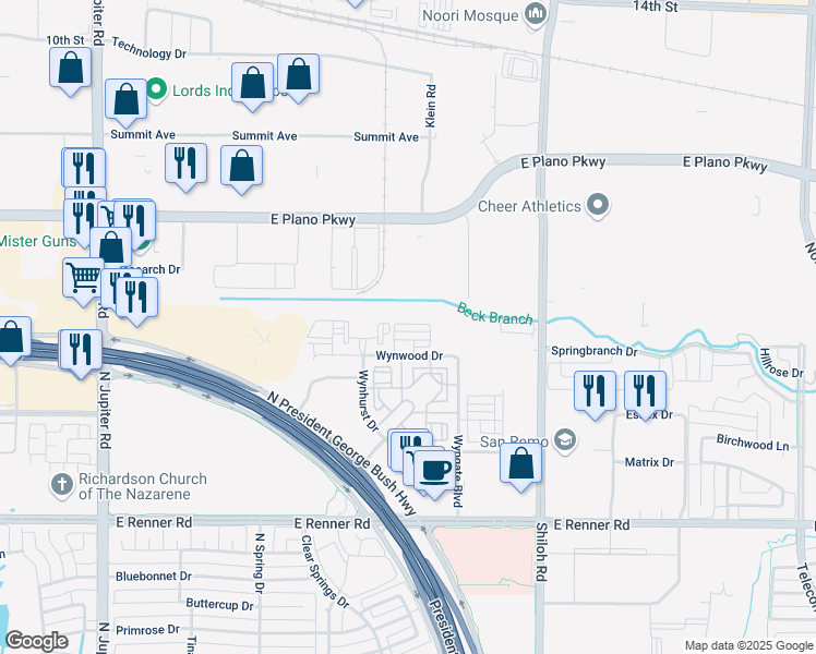 map of restaurants, bars, coffee shops, grocery stores, and more near 3401 Wynwood Drive in Plano