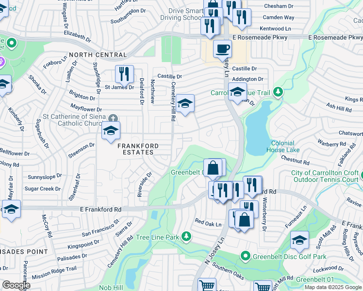 map of restaurants, bars, coffee shops, grocery stores, and more near 1810 East Peters Colony Road in Carrollton