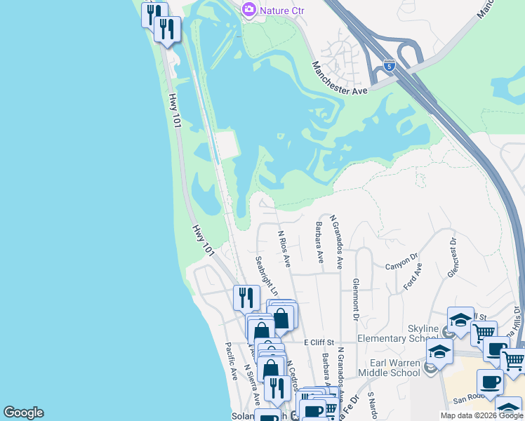 map of restaurants, bars, coffee shops, grocery stores, and more near 867 Seabright Lane in Solana Beach