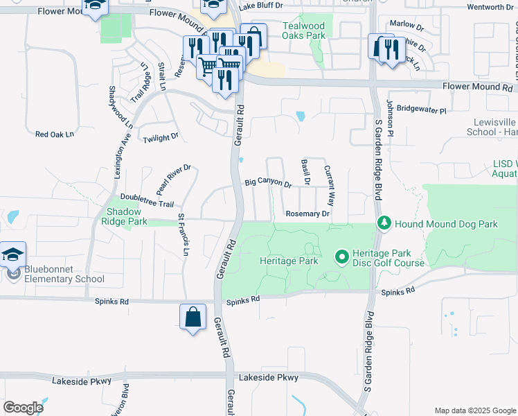 map of restaurants, bars, coffee shops, grocery stores, and more near 1300 Cayenne Drive in Flower Mound