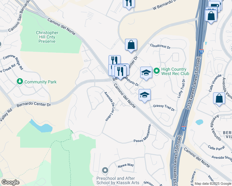 map of restaurants, bars, coffee shops, grocery stores, and more near 11321 Avenida De Los Lobos in San Diego