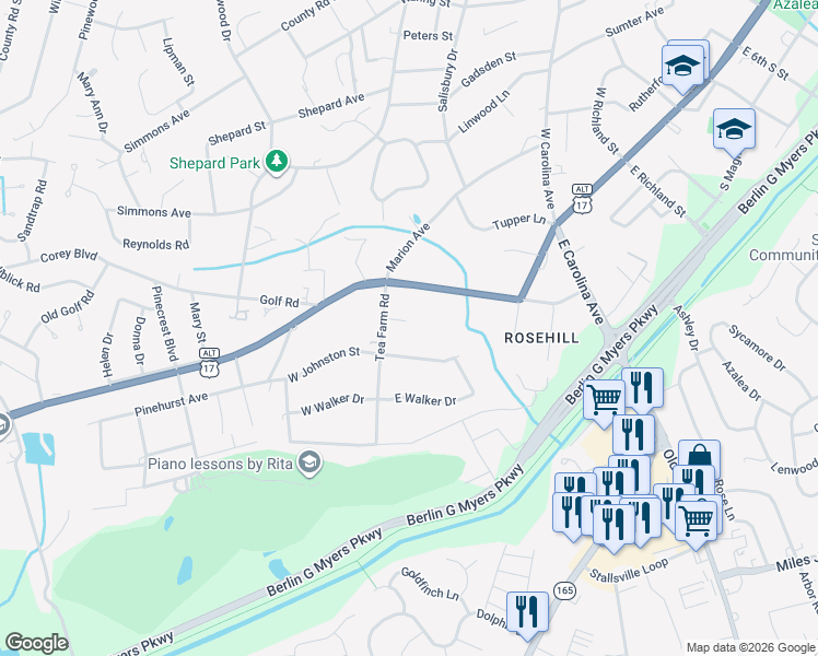 map of restaurants, bars, coffee shops, grocery stores, and more near 107 Johnston Street in Summerville