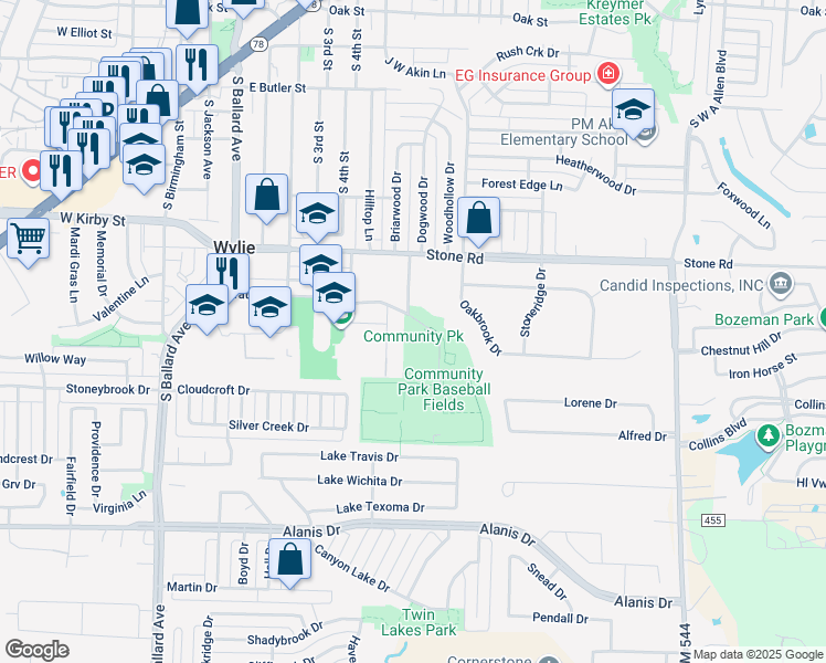 map of restaurants, bars, coffee shops, grocery stores, and more near 800 Thomas Street in Wylie
