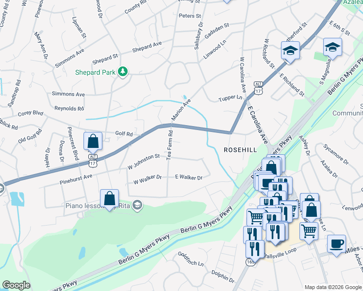 map of restaurants, bars, coffee shops, grocery stores, and more near 107 Johnston Street in Summerville