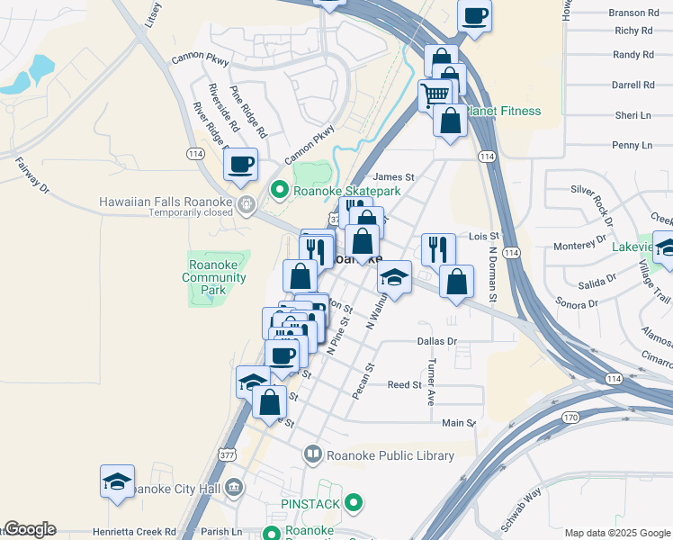 map of restaurants, bars, coffee shops, grocery stores, and more near 104 Houston Street in Roanoke