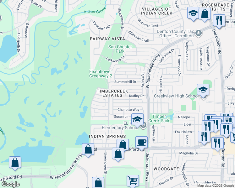 map of restaurants, bars, coffee shops, grocery stores, and more near 1429 Dudley Drive in Carrollton