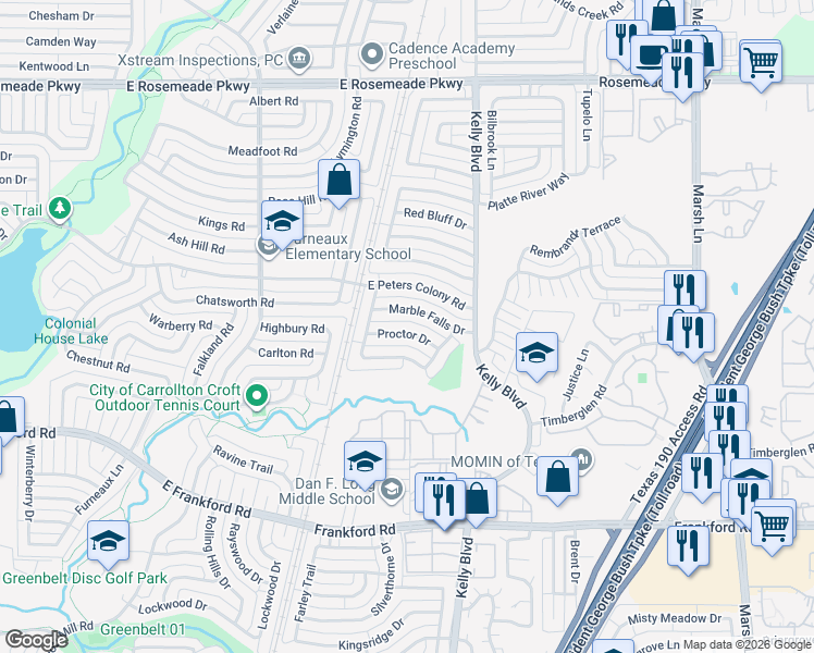map of restaurants, bars, coffee shops, grocery stores, and more near 2214 Proctor Drive in Carrollton