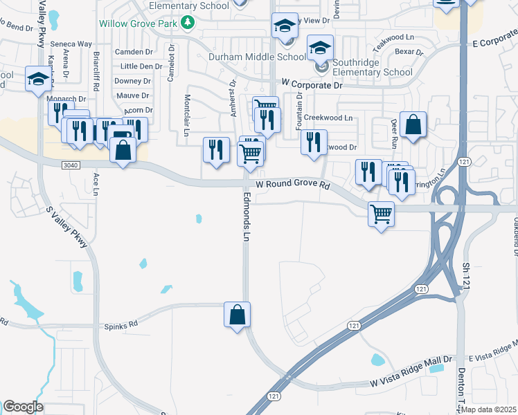 map of restaurants, bars, coffee shops, grocery stores, and more near 2501 Edmonds Lane in Lewisville