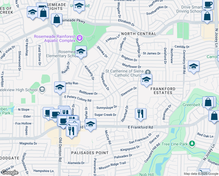 map of restaurants, bars, coffee shops, grocery stores, and more near 3203 Sugarbush Drive in Carrollton