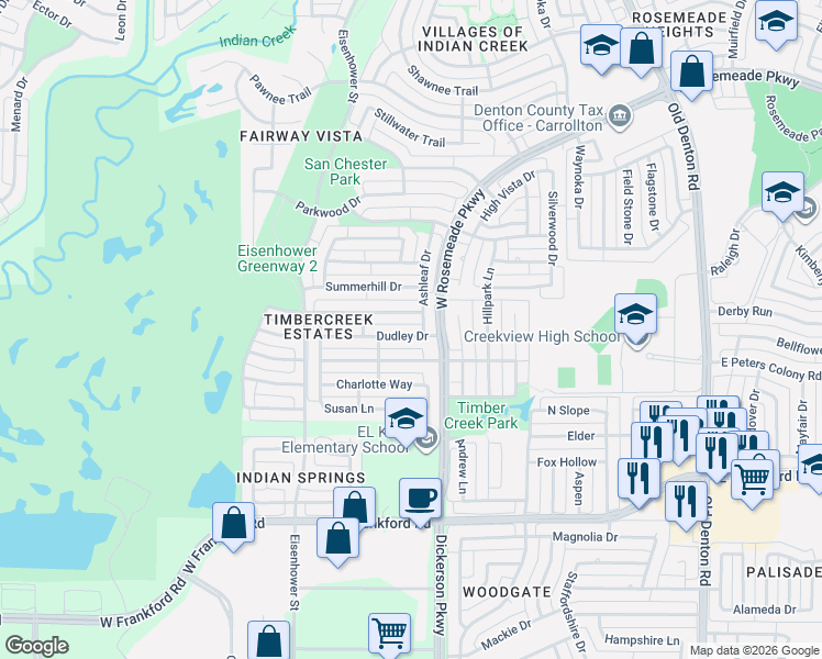 map of restaurants, bars, coffee shops, grocery stores, and more near 1401 Dudley Drive in Carrollton