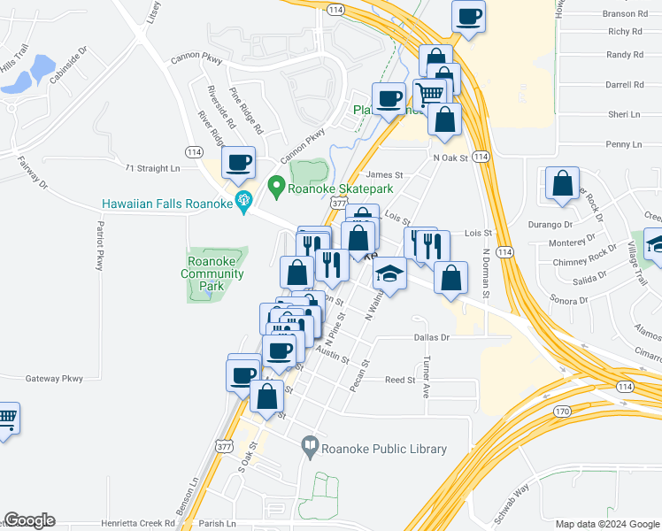map of restaurants, bars, coffee shops, grocery stores, and more near 104 Houston Street in Roanoke