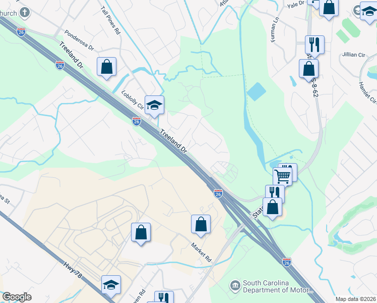 map of restaurants, bars, coffee shops, grocery stores, and more near 665 Treeland Drive in Ladson