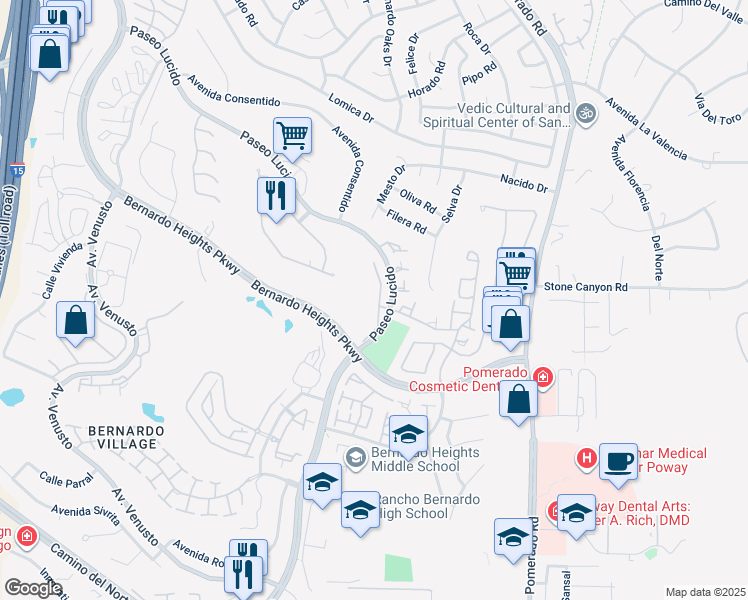 map of restaurants, bars, coffee shops, grocery stores, and more near 15928 Caminito Aire Puro in San Diego