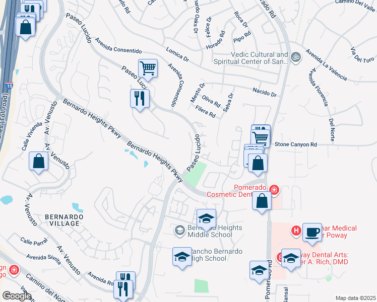 map of restaurants, bars, coffee shops, grocery stores, and more near 15928 Caminito Aire Puro in San Diego
