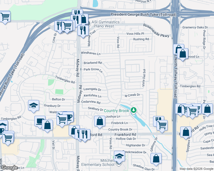 map of restaurants, bars, coffee shops, grocery stores, and more near 4124 Lawngate Drive in Dallas