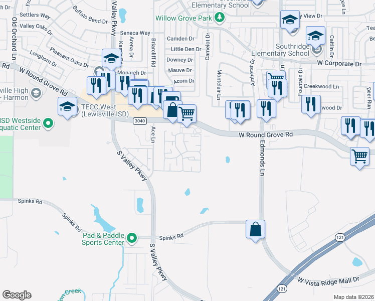 map of restaurants, bars, coffee shops, grocery stores, and more near 940 West Round Grove Road in Lewisville