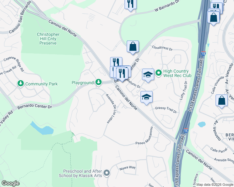 map of restaurants, bars, coffee shops, grocery stores, and more near 11325 Avenida De Los Lobos in San Diego
