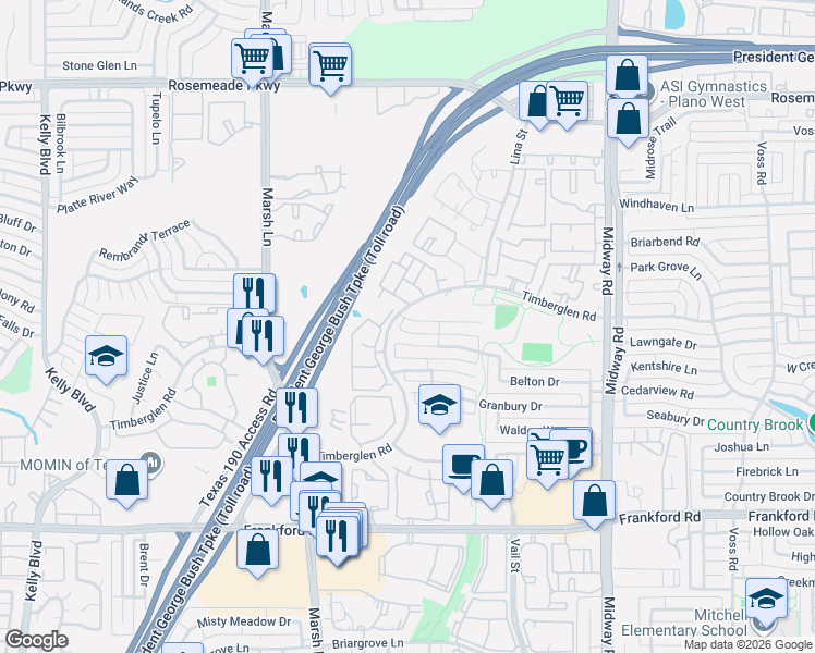 map of restaurants, bars, coffee shops, grocery stores, and more near 3606 White River Drive in Dallas