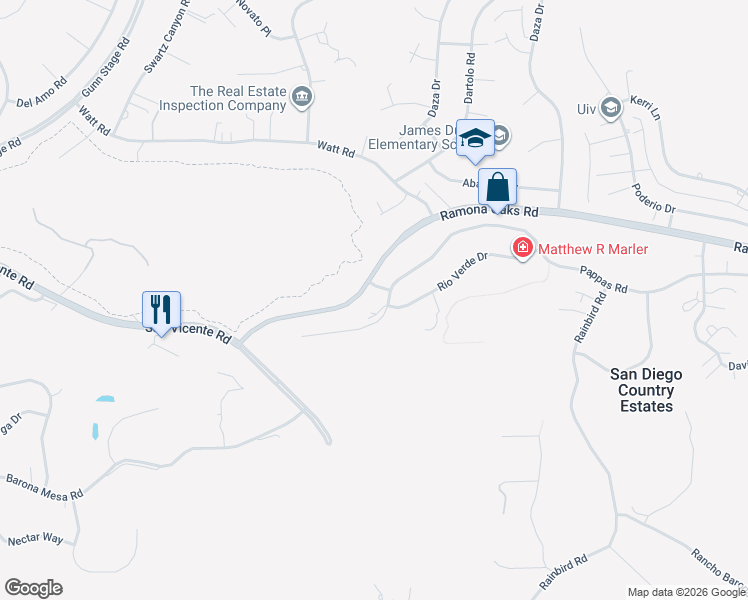 map of restaurants, bars, coffee shops, grocery stores, and more near 24629 Pappas Road in Ramona
