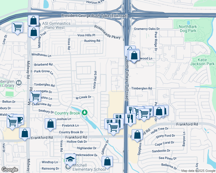 map of restaurants, bars, coffee shops, grocery stores, and more near 18656 Gibbons Drive in Dallas