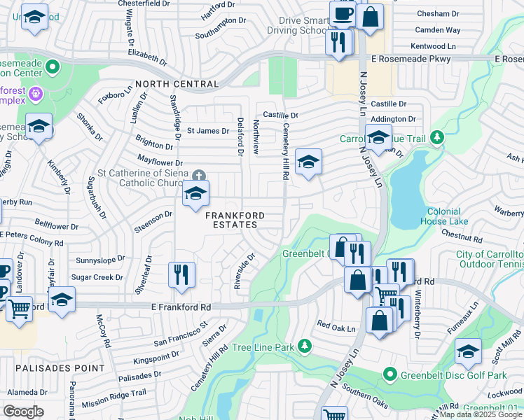 map of restaurants, bars, coffee shops, grocery stores, and more near 1734 East Peters Colony Road in Carrollton
