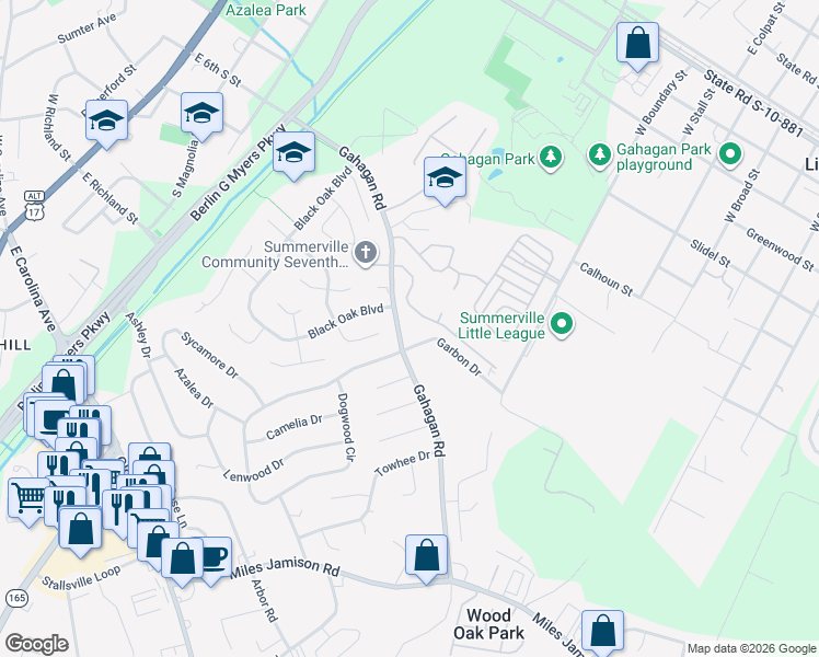map of restaurants, bars, coffee shops, grocery stores, and more near 124 Evesham Drive in Summerville