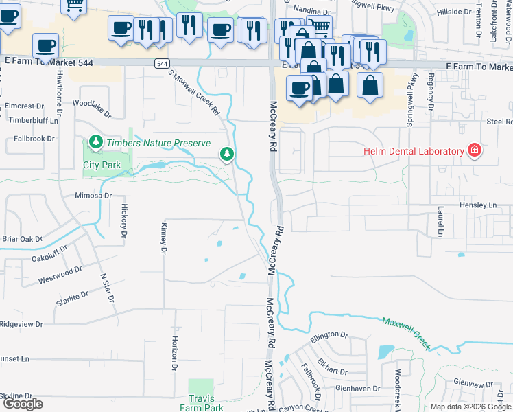 map of restaurants, bars, coffee shops, grocery stores, and more near 200-216 South Maxwell Creek Road in Wylie