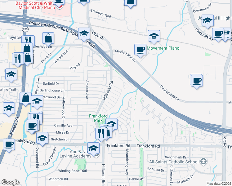 map of restaurants, bars, coffee shops, grocery stores, and more near 6907 Maple Creek Lane in Dallas