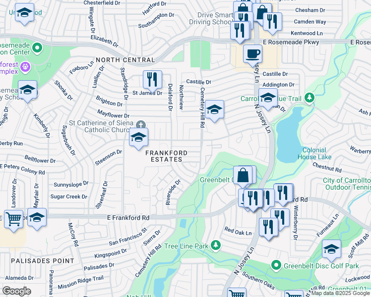 map of restaurants, bars, coffee shops, grocery stores, and more near 1734 East Peters Colony Road in Carrollton