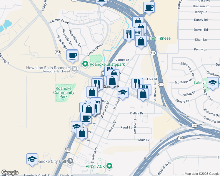 map of restaurants, bars, coffee shops, grocery stores, and more near in Roanoke