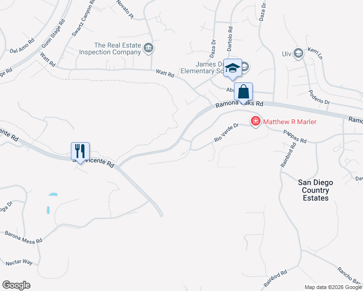 map of restaurants, bars, coffee shops, grocery stores, and more near 24638 Pappas Road in Ramona