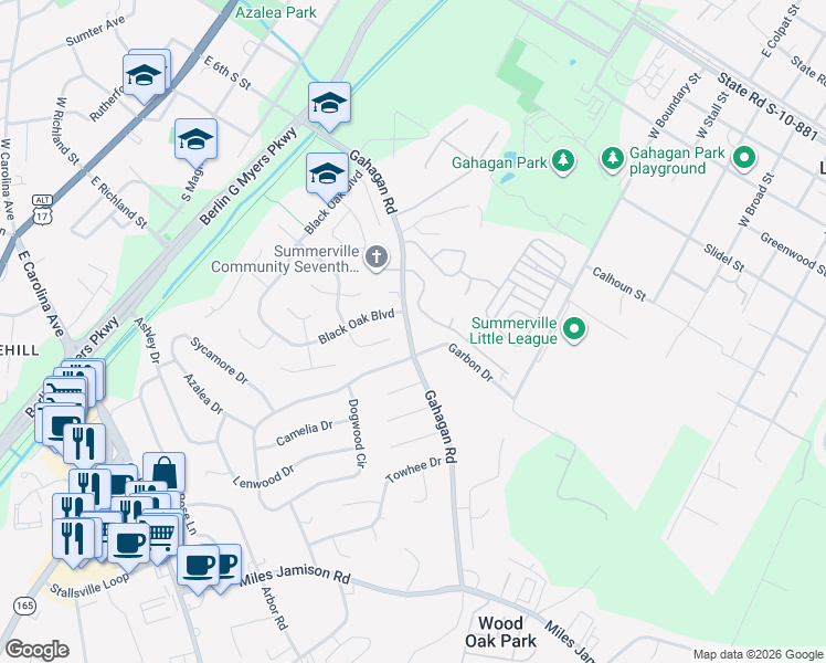 map of restaurants, bars, coffee shops, grocery stores, and more near 124 Evesham Drive in Summerville