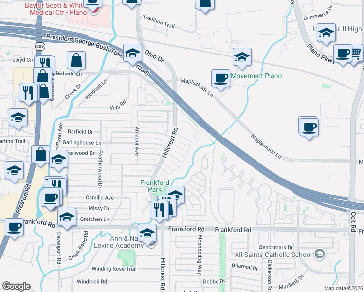 map of restaurants, bars, coffee shops, grocery stores, and more near 6907 Maple Creek Lane in Dallas