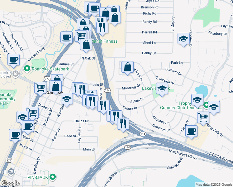 map of restaurants, bars, coffee shops, grocery stores, and more near 57 Sonora Drive in Trophy Club