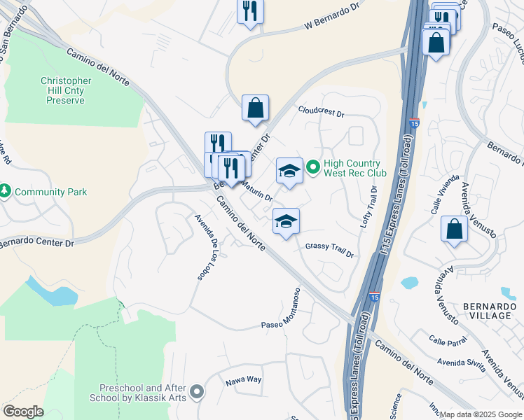 map of restaurants, bars, coffee shops, grocery stores, and more near 15357 Maturin Drive in San Diego