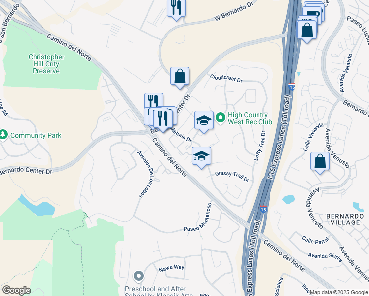 map of restaurants, bars, coffee shops, grocery stores, and more near 15353 Maturin Drive in San Diego